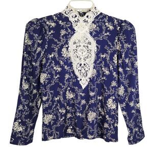Vtg Scott McClintock Button Blouse L Long Sleeve Floral Blue Crochet High Collar